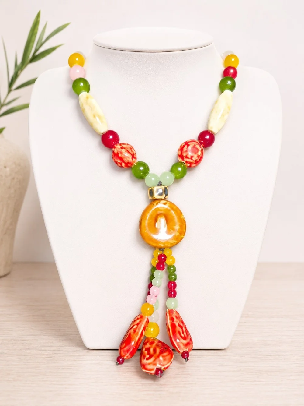 Multicolor Beaded Tassel Necklace with Yellow Pendant